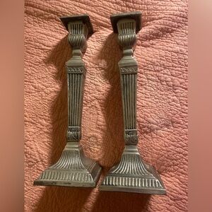 Pair heavy 12” nickel finish tapper Candle Holders